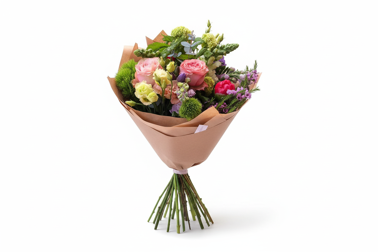 Just to say bouquet freestanding with stems on white background