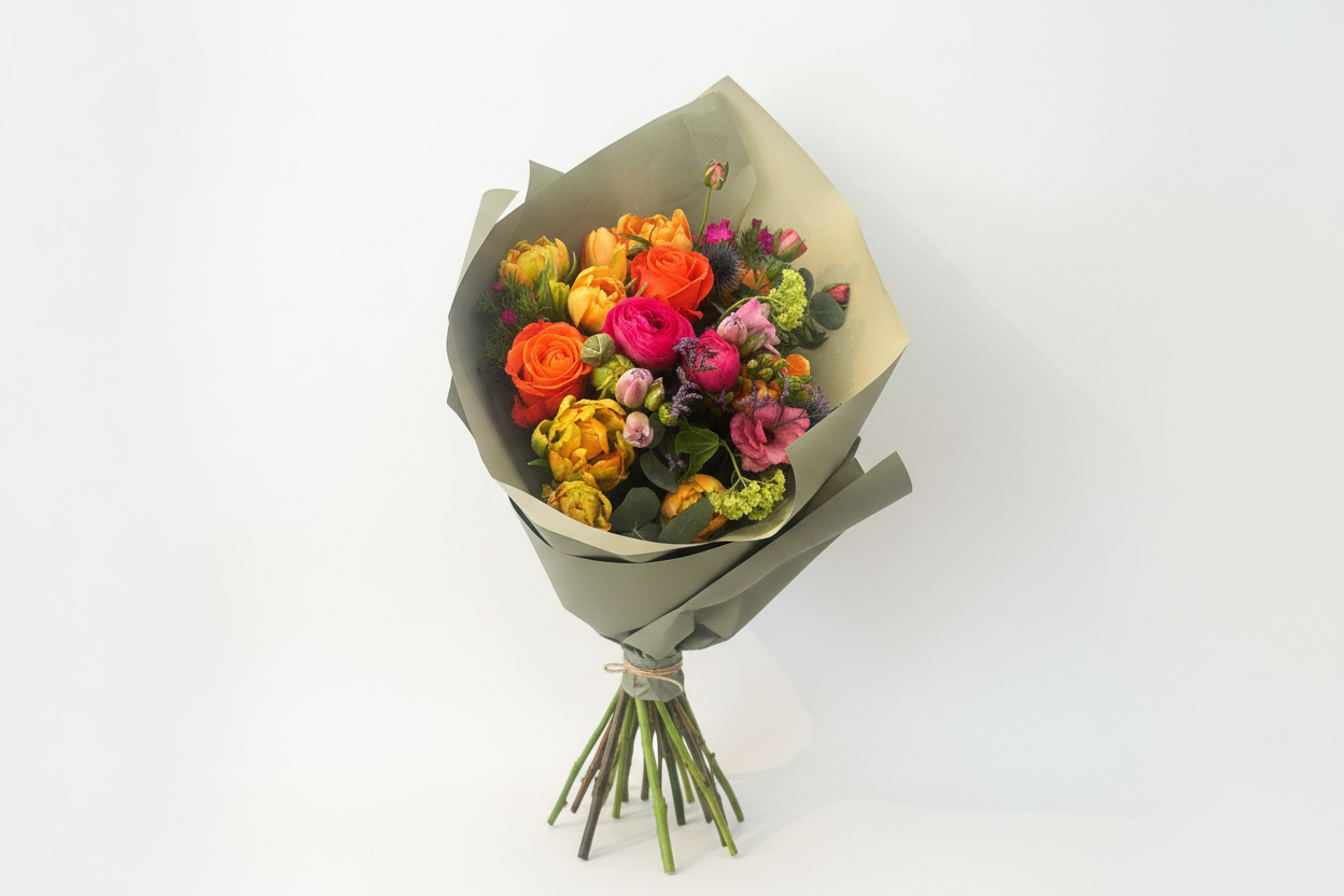 Super Springs Bouquet freestanding with stems on white background